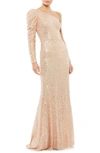 MAC DUGGAL ONE-SHOULDER LONG SLEEVE SEQUIN TRUMPET GOWN