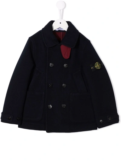 Stone Island Junior Kids' Double-breasted Wool-blend Coat In Blue