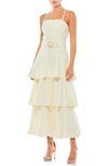 Mac Duggal Belted Tiered Ruffle Sleeveless Midi Dress In White