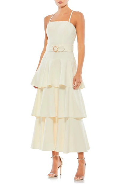 Mac Duggal Belted Tiered Ruffle Sleeveless Midi Dress In White