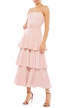 Mac Duggal Belted Tiered Ruffle Sleeveless Midi Dress In Rose Pink