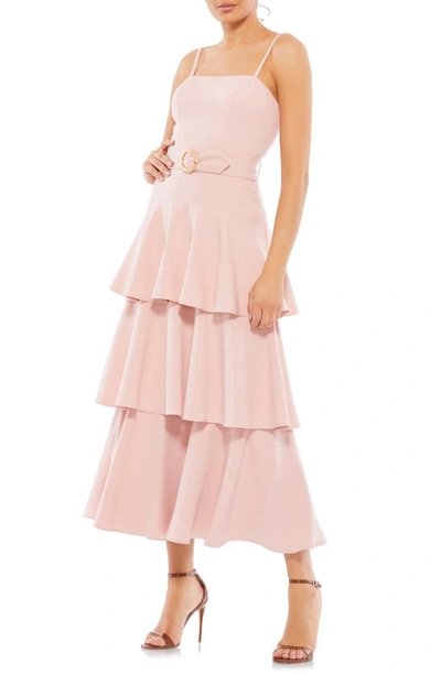 Mac Duggal Belted Tiered Ruffle Sleeveless Midi Dress In Rose Pink