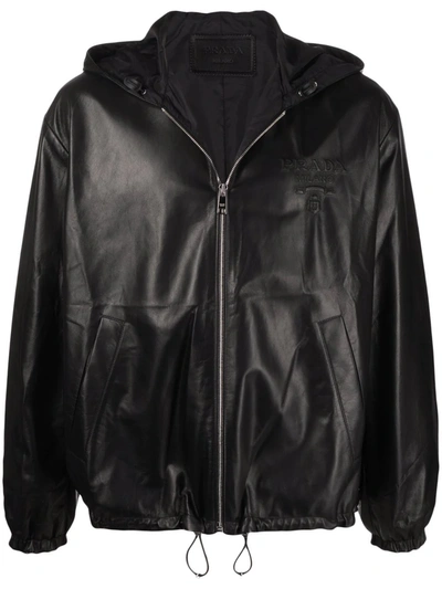 Prada Debossed-logo Hooded Leather Jacket In Black