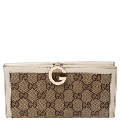 Pre-owned Gucci White/beige Gg Canvas And Leather G Bit Flap Continental Wallet