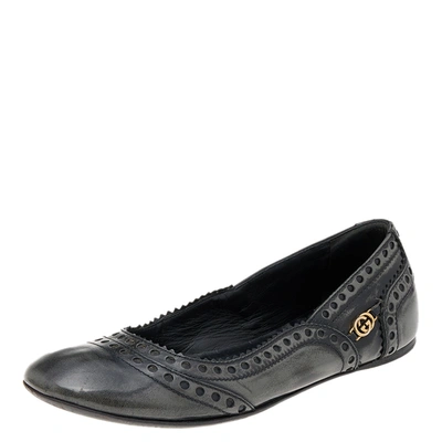 Pre-owned Gucci Black/grey Brogue Leather Ballet Flats Size 35.5