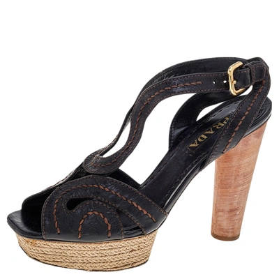 Pre-owned Prada Brown Leather Espadrille Platform Wooden Heel Ankle Sandals Size 40 In Black