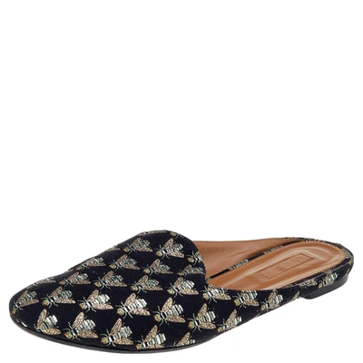 Pre-owned Aquazzura Black Bee Embroidered Fabric Flat Mules Size 39.5