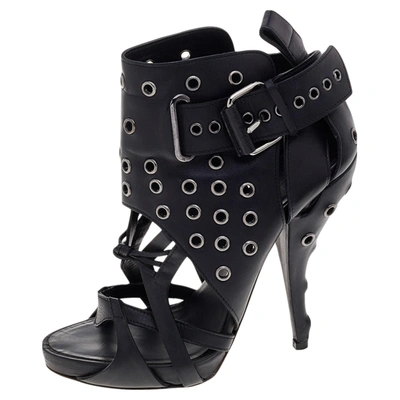Pre-owned Givenchy Black Leather Studded Strappy Ankle Boots Size 38