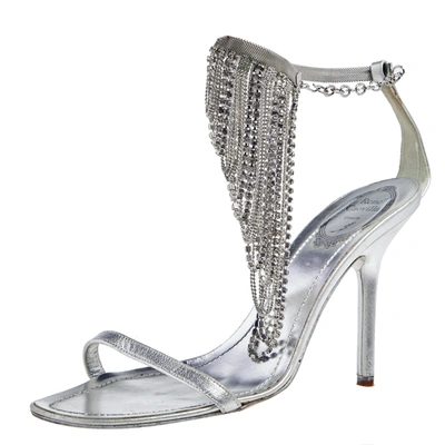 Pre-owned René Caovilla Sliver Leather Embellished Ankle Strap Sandals Size 39 In Silver