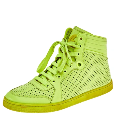 Pre-owned Gucci Neon Green Perforated Leather Lace Up High Top Trainers Size 38.5