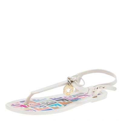 Pre-owned Fendi White Jelly Logo Charm Sunny Thong Flat Sandals Size 39