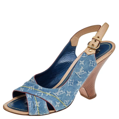 Pre-owned Louis Vuitton Blue Monogram Denim And Leather Slingback Sandals Size 38.5