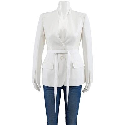 Burberry Single-breasted Belted Wool Blazer Jacket, Brand Size 4 (us Size 2) In White