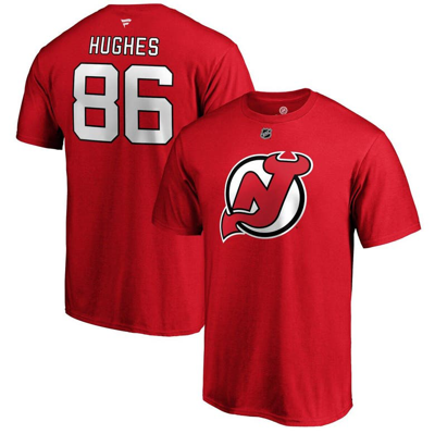 Fanatics Men's Jack Hughes Red New Jersey Devils Authentic Stack Name And Number T-shirt