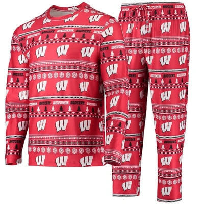 CONCEPTS SPORT CONCEPTS SPORT RED WISCONSIN BADGERS UGLY SWEATER LONG SLEEVE T-SHIRT AND PANTS SLEEP SET