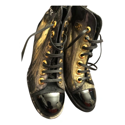 Pre-owned Chanel Leather Lace Up Boots In Gold