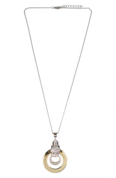 Cz By Kenneth Jay Lane Pavé Panther Double Circle Pendant Necklace In Clear/2 Tone