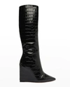 Schutz Asya Up Croc-print Wedge Tall Boots In Black