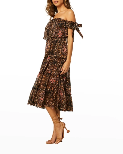 Misa Micaela Off-the-shoulder Printed Maxi Dress In Brown