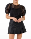 English Factory Organza Check Puff-sleeve Top In Black