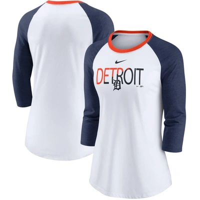 Nike Women's White, Heathered Navy Detroit Tigers Color Split Tri-blend 3/4 Sleeve Raglan T-shirt