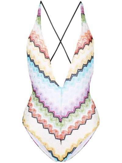 Missoni Zigzag-jacquard Plunge-neck Swimsuit In Nocolor