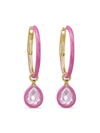 NINA RUNSDORF 18K ROSE GOLD SMALL ENAMEL HOOP EARRINGS WITH ROSE QUARTZ FLIP CHARMS