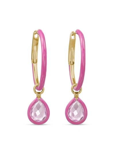 Nina Runsdorf 18k Rose Gold Small Enamel Hoop Earrings With Topaz Flip Charms In Webster Pink And Rose Gold