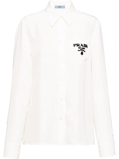 Prada Embroidered-logo Long-sleeve Shirt In White
