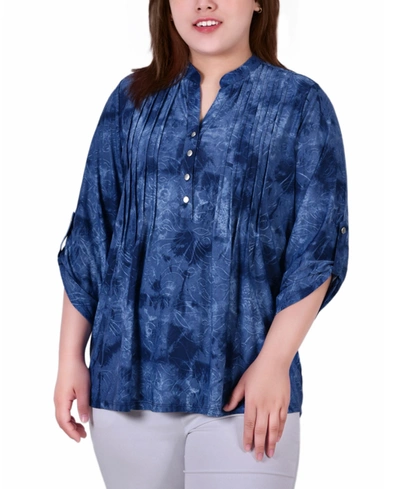 Ny Collection Plus Size 3/4 Roll Tab Sleeve Y-neck Top In Denim Tie Dye