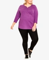 Avenue Plus Womens Heathered Notch Neck Pullover Top In Deep Lilac