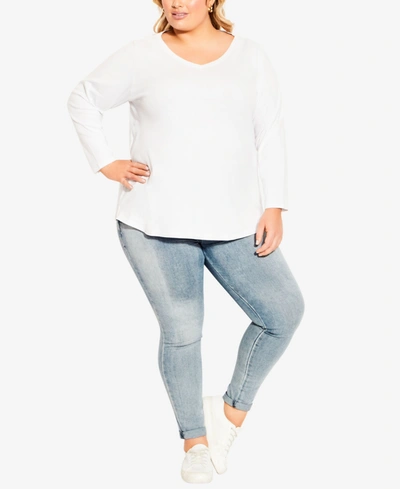 Avenue Plus Size V-neck Essential Long Sleeve T-shirt In White
