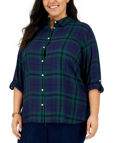 Tommy Hilfiger Plus Size Plaid Utility Shirt In Navy/multi
