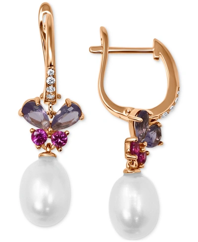 Macy's Cultured Freshwater Pearl (9x7 Mm) & Multicolor Cubic Zirconia Butterfly Drop Earrings In 14k Gold-p In Rose Gold Over Silver
