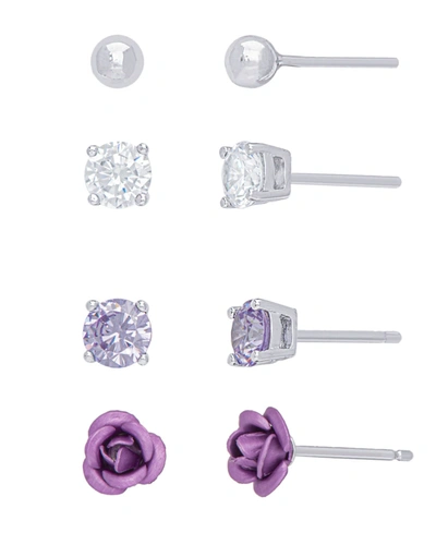 Macy's Ball, Clear, Cubic Zirconia And Rose Stud 4-piece Earrings Set In Fine Silver Plate
