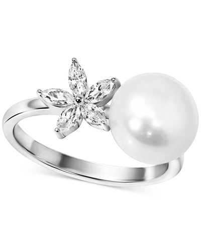 Macy's Cultured Freshwater Pearl (9mm) & Cubic Zirconia Flower Ring In Sterling Silver