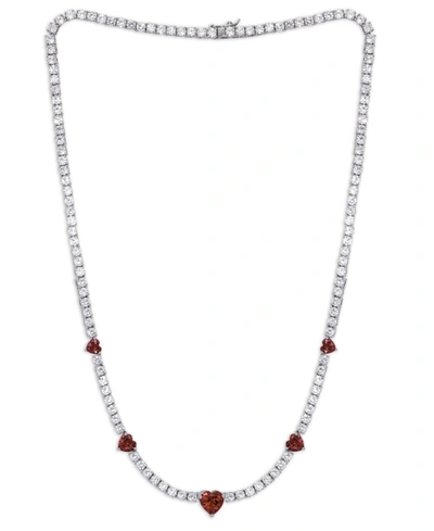 Macy's Simulated Ruby And Cubic Zirconia Heart Station Necklace In Fine Silver Plate
