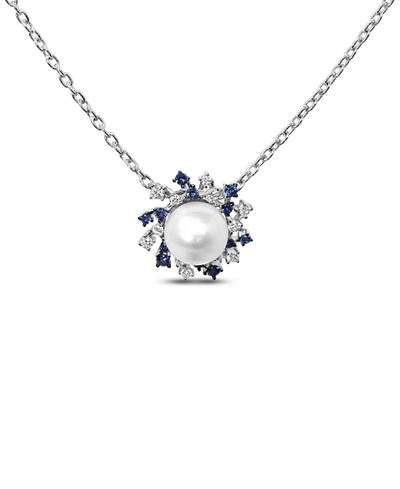 Macy's Cultured Freshwater Pearl (7mm) & Cubic Zirconia Scattered Halo 18" Pendant Necklace In Sterling Sil In Silver