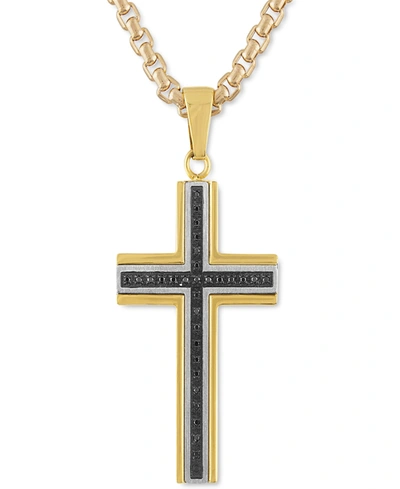 Macy's Men's Black Diamond Cross 22" Pendant Necklace (1/6 Ct. T.w.) In Stainless Steel, Black & Yellow Ion