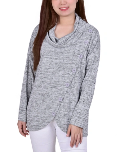 Ny Collection Women's Long Sleeve Cowl Neck Pullover With Buttons Top In Gray