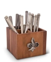 VAGABOND HOUSE SQUARE CADDY ACACIA WOOD FLATWARE, SERVE WARE, UTENSIL, CARRY-ALL HOLDER WITH SOLID PEWTER FLEUR DE 