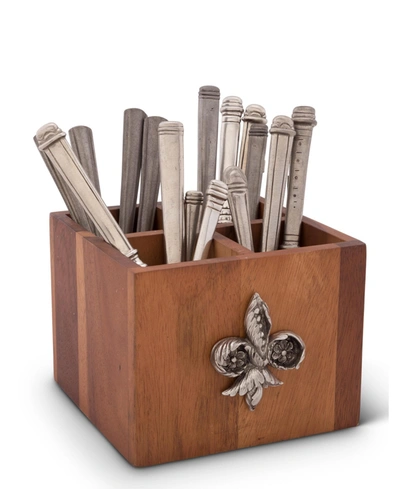 Vagabond House Square Caddy Acacia Wood Flatware, Serve Ware, Utensil, Carry-all Holder With Solid Pewter Fleur De