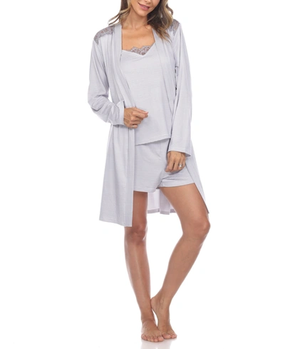 White Mark Women's 3 Piece Striped Pajama Robe Set In Grey