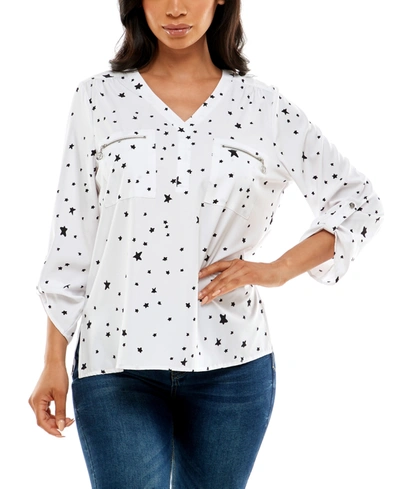 Adrienne Vittadini Women's 3/4 Rollup Sleeve V-neck Top With Zipper Pockets In Starry Night
