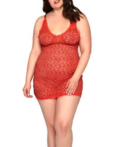 Icollection Plus Size Marvella All Lace Easy To Wear Stretch Chemise & Panty 2pc Lingerie Set In Red