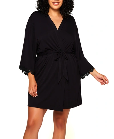 Icollection Plus Size Molly Soft Knit Blend Dotted Mesh Robe In Black