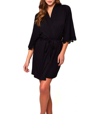 Icollection Women's Molly Ultra Soft Knit Blend Dotted Mesh Robe In Black