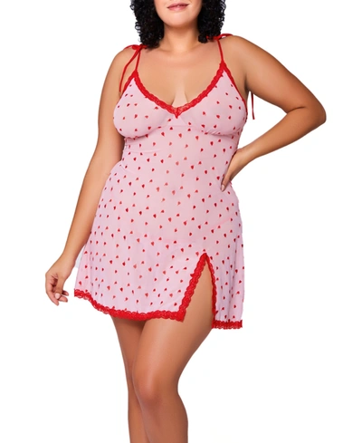Icollection Plus Size Paris Embroidered Hearts Babydoll Chemise And Matching Heart Panty 2pc Lingerie Set In Pink