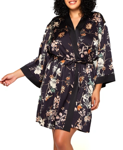 Icollection Plus Size Geri Lux Floral Satin Robe In Black