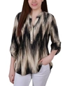 Ny Collection Women's 3/4 Roll Tab Sleeve Y-neck Top In Khaki Chev